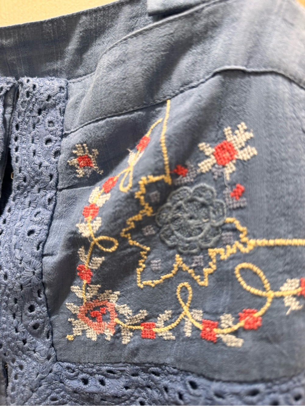 Free People Denim Blue Embroidered Peasant Top with Red & Cream Details